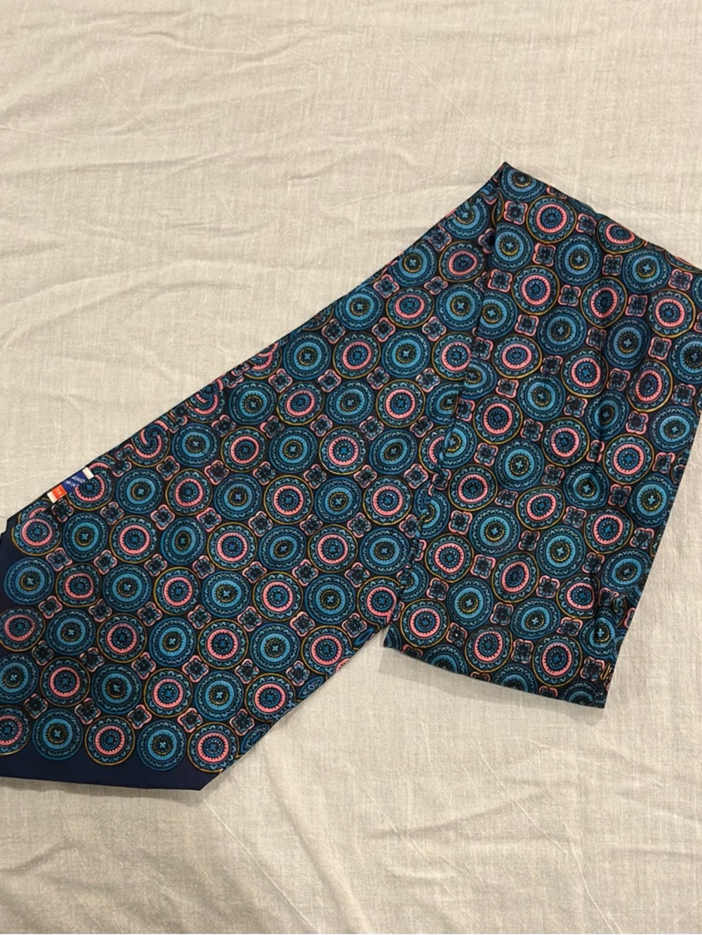 Women’s Hand Printed in Japan Pony Tail Scarf Blue & Pink Medallion Pattern